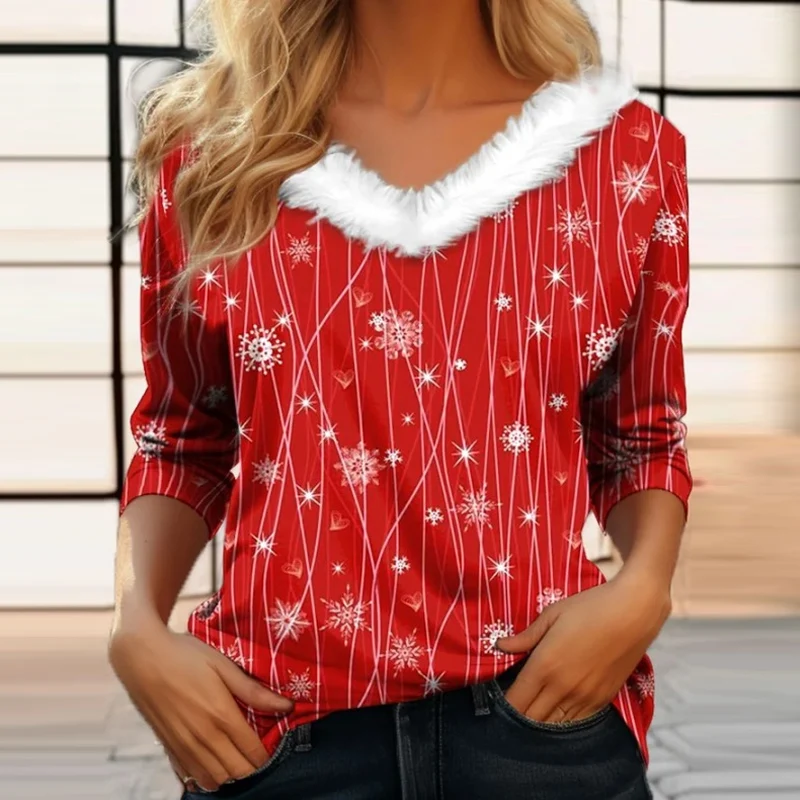 

2023 New Winter Christmas Plush V-Neck Pullover Fashion Printed Patchwork Long Sleeve Shirt Casual Loose Women Festival Top Tees