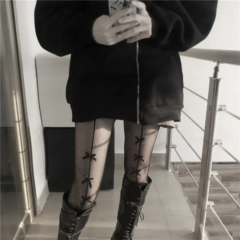 Kawaii Gothic Netzstrumpfhose mit Schleifenknoten, Lolita-Stil, Damen, Spicy Girl, Schwarz-Weiß, Sexy, Dünne Ins-Trend Spitzenstrumpfhose – Detail 4