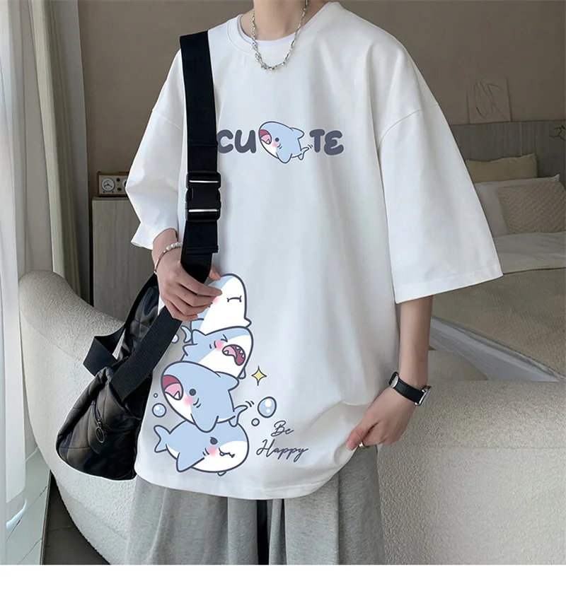 Men's Cotton T-shirts White Men Oversized T Shirt Anime Shark Print Summer Casual Wear 5XL Tee Shirts Big Size Male Clothes