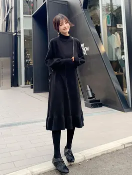 plus Size Autumn Winter Black Knitted Dress Women Loose Belly Covering Slimming Long Sweater Fish Tail Skirt High Waist