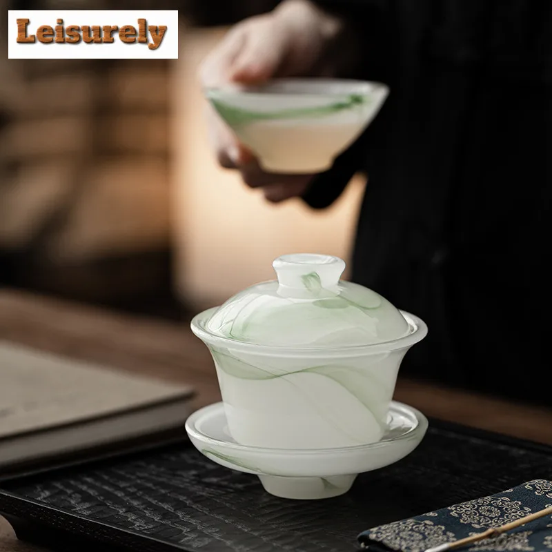 170ML Ancient Method Azure Stone Gaiwan Vintage Three Piece Non Hot Tea Tureen Household Tea Brewing Cover Bowl Drinkware Craft