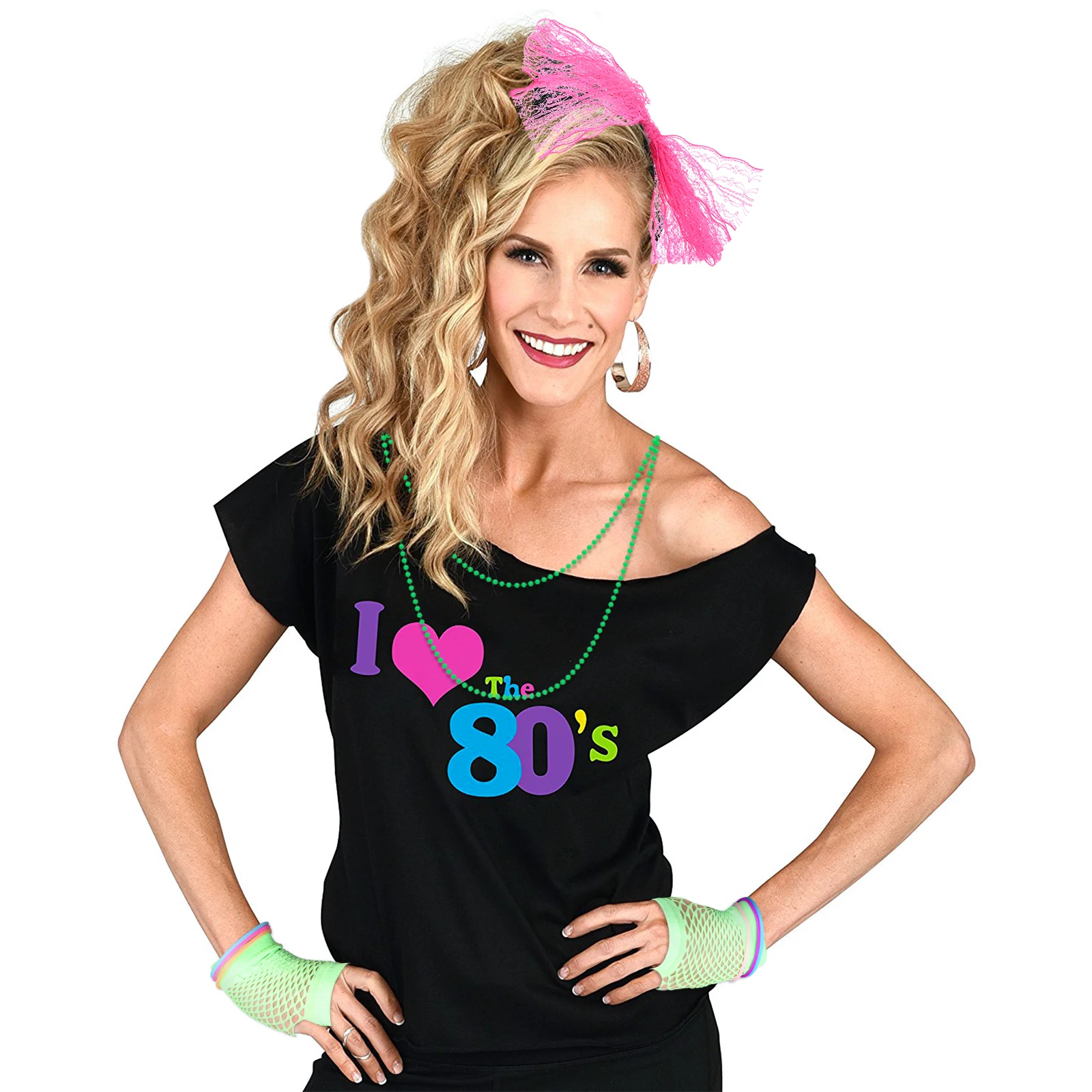 BACK TO THE 80s Ladies T-Shirt & Accessories Fancy Dress Costume Outfit Neon 