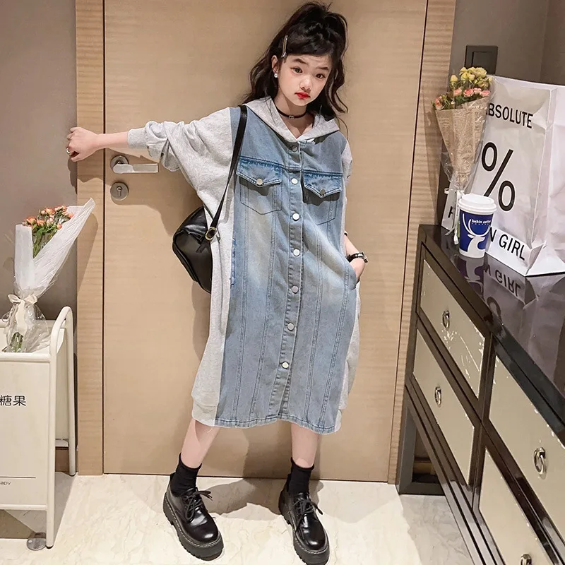 

Teenager Girl Denim Trench Coat Autumn 2023 Patchwork Hoodies Long Jackets Fashion Casual Kids Outfit 10 12 13 14 Years Old