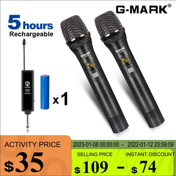 G-MARK UHF 레코딩 무선 마이크, 다이나믹 핸드헬드 마이크, 노래방, 2 채널, 50m 범위, 리튬 배터리, 금속 본체, X720