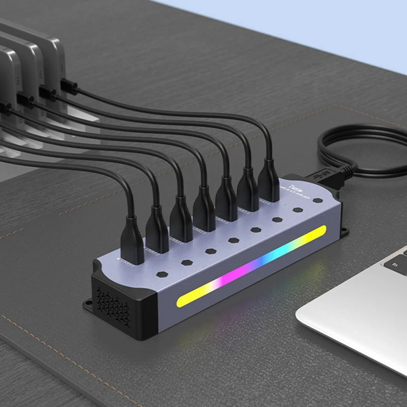 USB 3.0 허브, LED 스트립이 포함된 7포트 RGB 허브, 다이나믹 모드, 스위치, PC용 알루미늄 케이스 허브, 노트북 EU 플러그-A32R