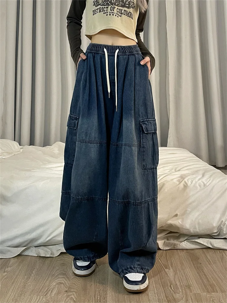 Deeptwon Harajuku Vintage Blue Cargo Jeans Women Oversize Y2K Grunge Black Baggy Denim Pants Hippie Streetwear Wide Leg Trousers