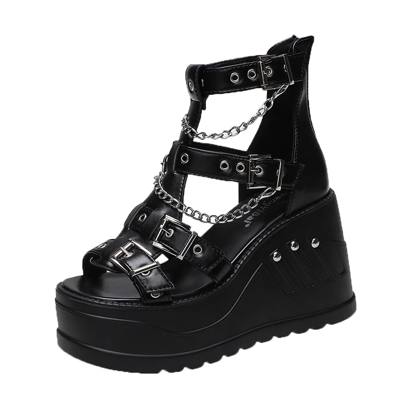 Hot Female Stylish Gothic Zipper High Wedges Sandals Summer Platform