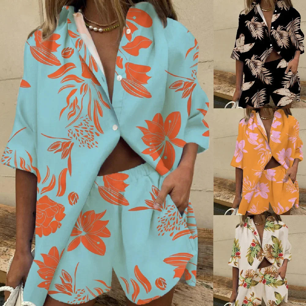 

Summer Bearch Suit Women Leaf Printed Two Piece set Elegant casual Lapel Single Breasted Shirt Loose Pants Shorts outfit set