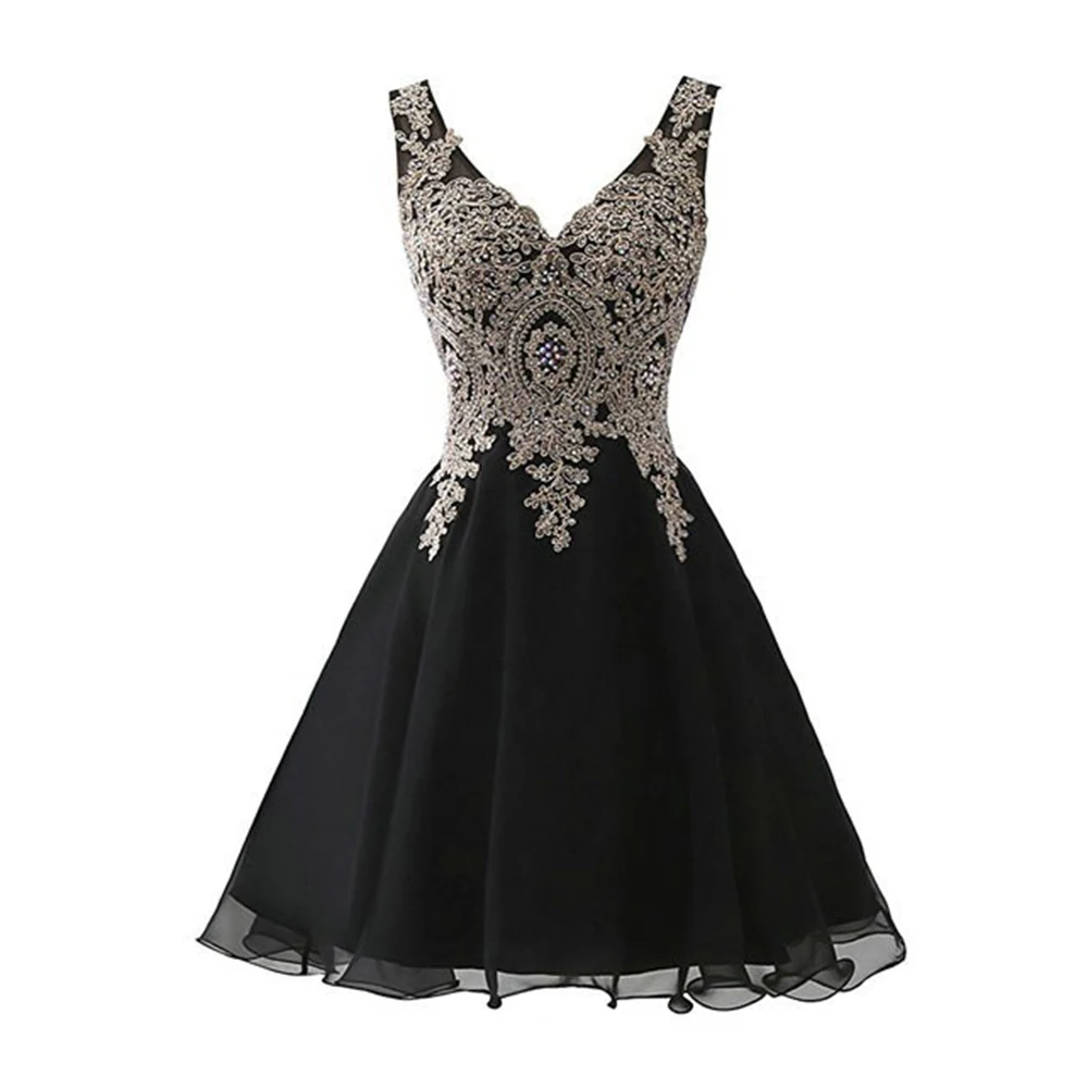 

GUXQD Black Short Homecoming Dresses V-Neck Appliques Pearls Prom Party Graduation Gowns Formal Vestido De Fiesta abendkleider