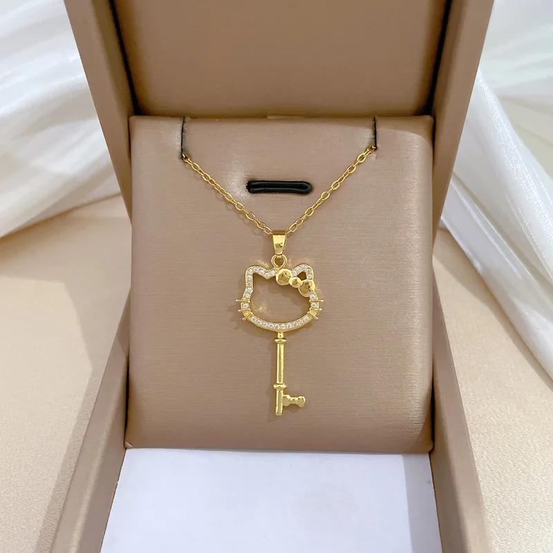 

Hello Kitty Key Necklace Female Clavicle Titanium Steel Chain Couple Temperament Full Diamond Jewelry Girls Holiday Gifts