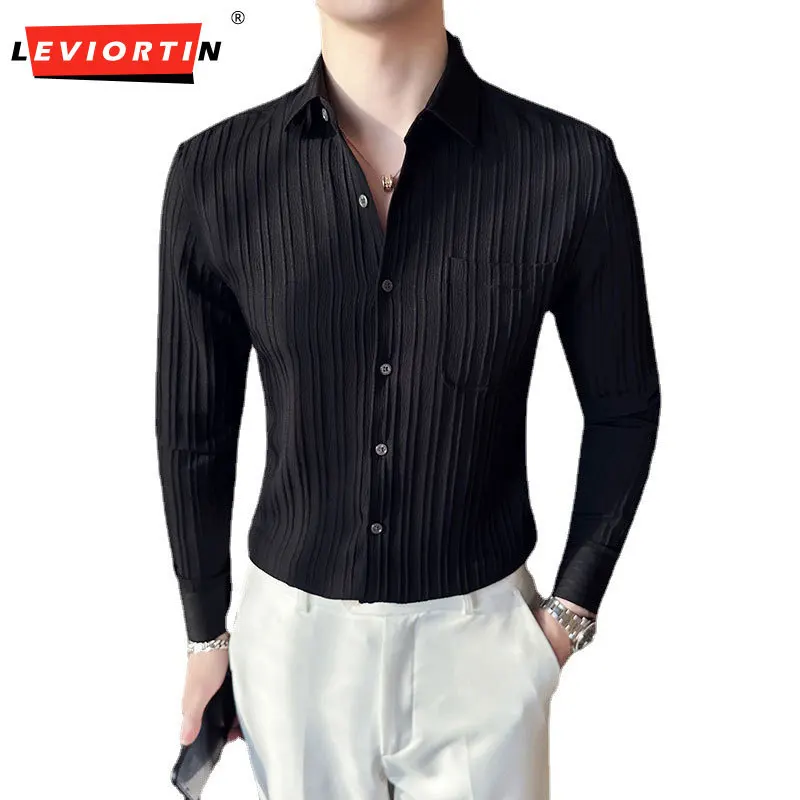 

Camisas De Hombre Spring Fashion Fold Design Long Sleeve Striped Shirts For Men Clothing 2023 Business Slim Fit Casual Tuxedo