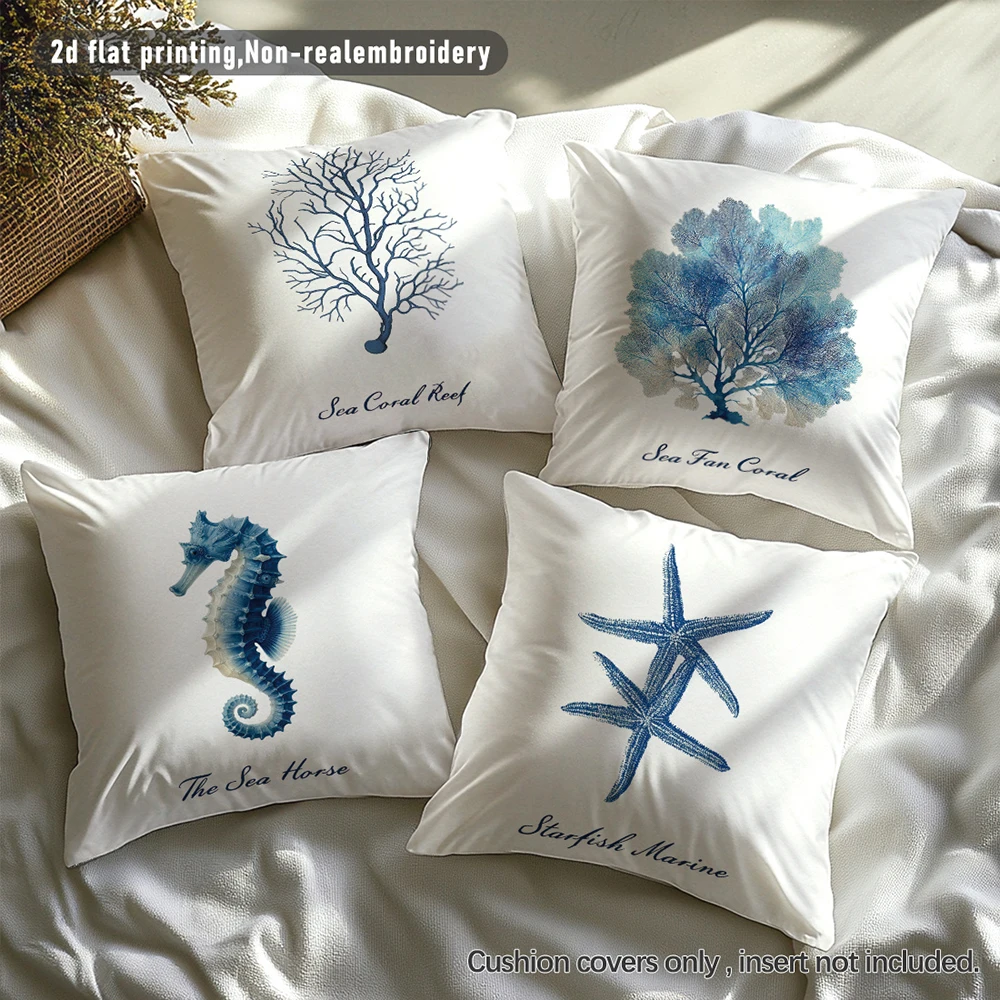1/4pcs 2D Flat- Coastal Blue Seahorse Throw Pillow Cover, Nautical Themed Home Decor Cushion Case Home decoration cushion cover 2