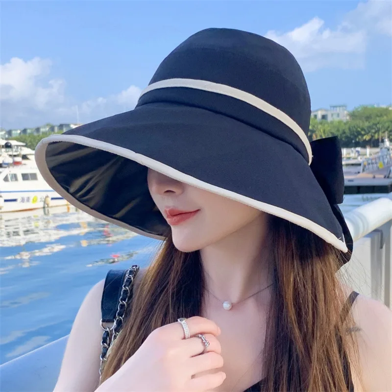 

Bowknot Fisherman Hat New Arrival, Spring/Summer Large Brim Sunscreen Hat, Anti-UV Face Shading Hat with Small Face Effect