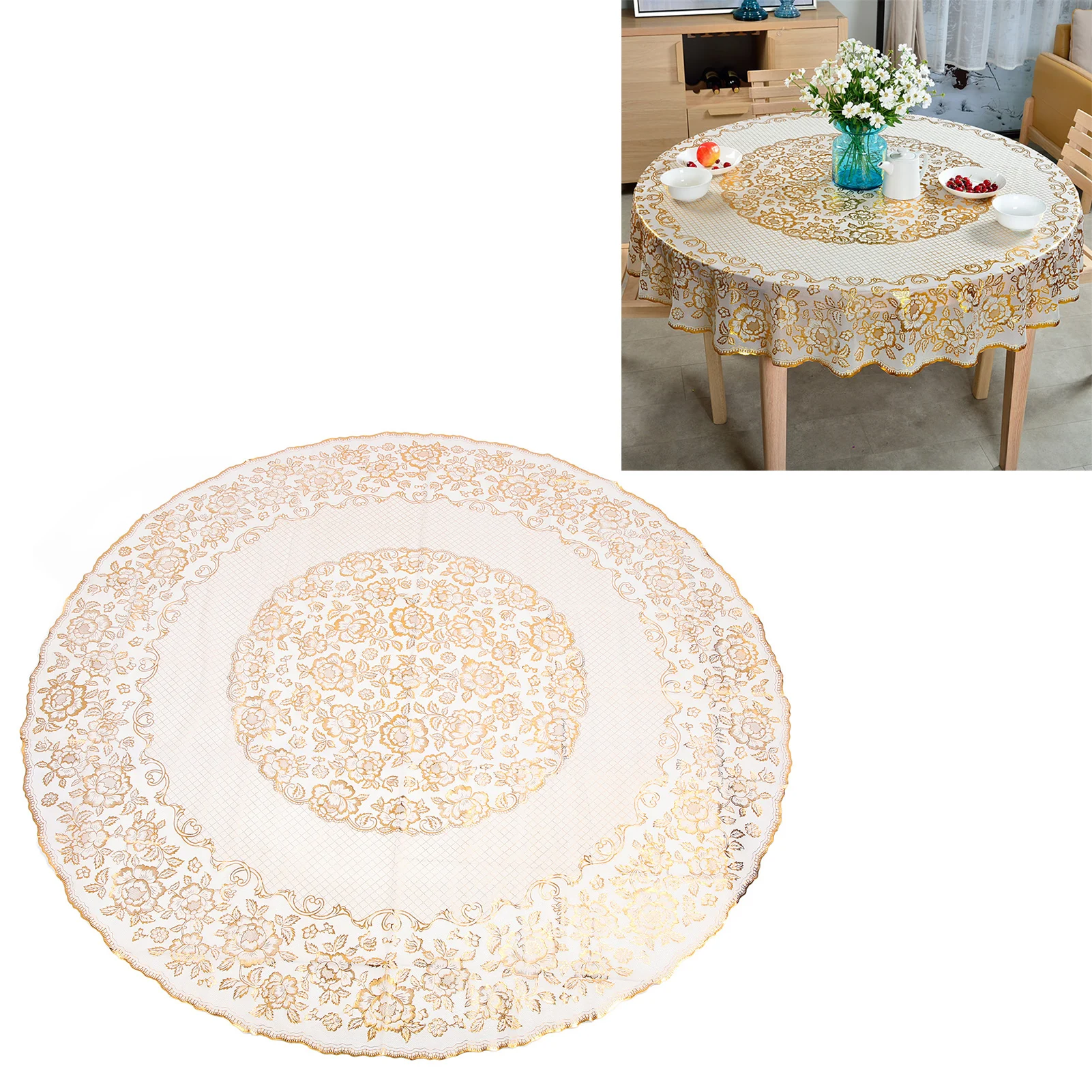 

Round Tablecloth PVC Gold Stamping Waterproof Oil Proof Stain Resistant Wipeable Decorative Table Cover For Home