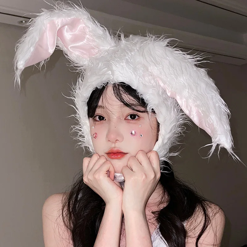 Cute Rabbit Bunny Ears Hat for Women Girls Kawaii Earflap Cap Warm Head Warmer Winter Hat Girls Beanie Halloween Bunny Hats 2