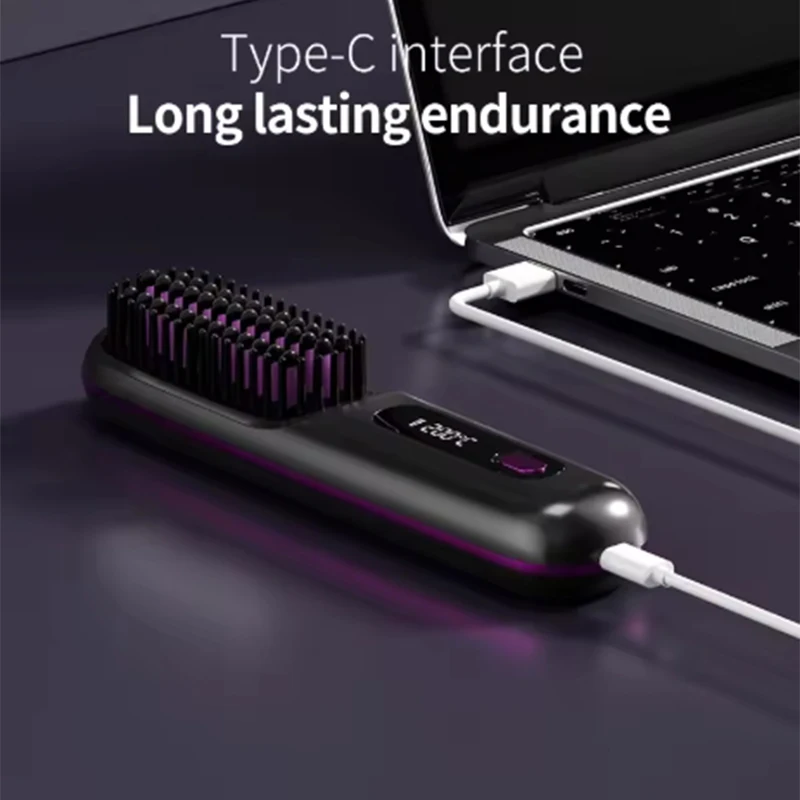 Electric LCD Usb Ceramic Heating Straight Hair Comb Wireless Portable Negative Ion Styling Tool Rechargeable Straightening Brush