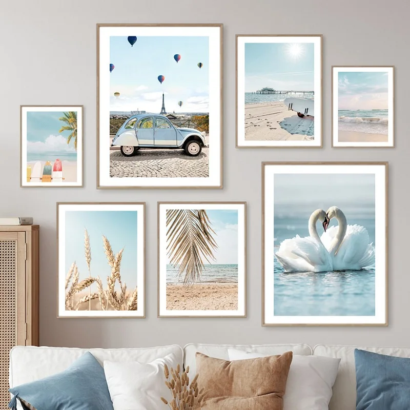 Nordic Blue Ocean Beach Canvas Painting Swan Seagull Poster Surf Coast Picture Home Living Room Decoration Printing Murale