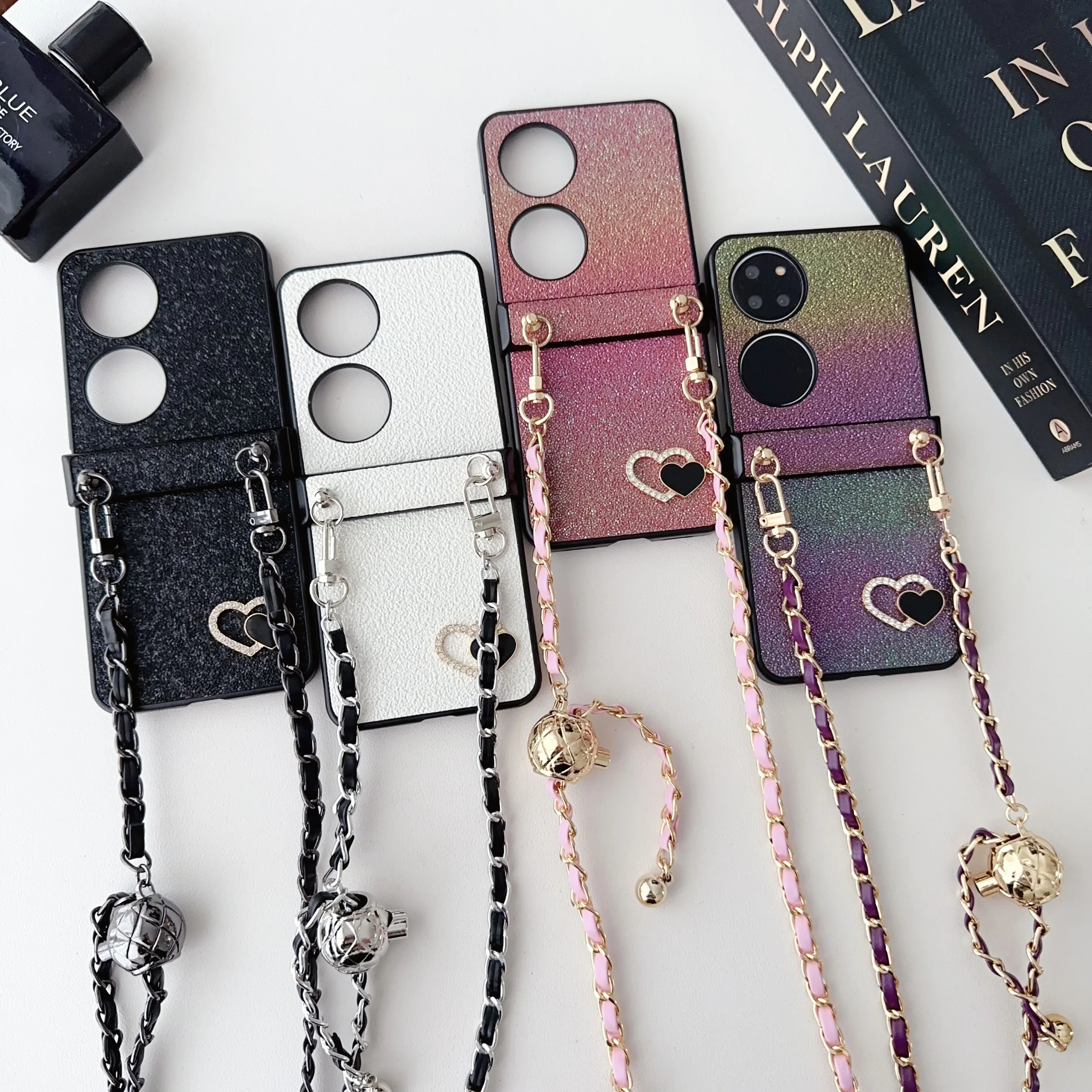 

Love Colorful Glitter Adjustable Crossbody Straps Chain Hard Pc Shockproof Phone Case For Huawei P50 Pocket / Pocket2 Back Cover