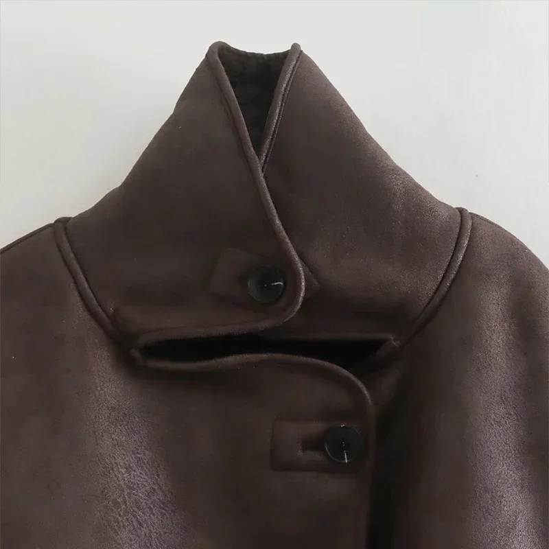 Vintage Women's Leather Jacket Loose Thick Warm Lapel Single Breasted Long Sleeve Fleece Jacket Fall Winter Street Outwear