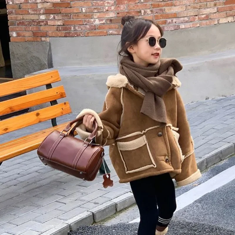 Children's Suede Jacket Autumn Winter Girls Korean Thick Fur One-piece Motorcycle Suit with Suede Double-sided Woolen Sweater