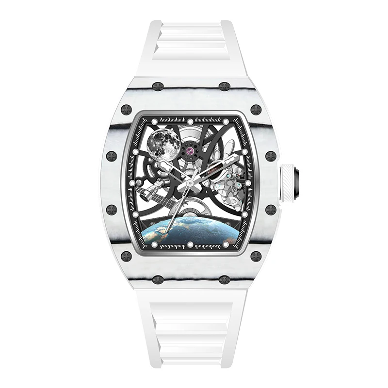 Orologio Meccanico Automatico Uomo – Rettangolare Tonneau Scheletrato – Cinturino In Silicone