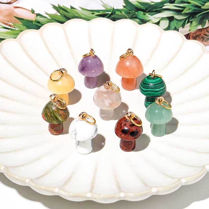 Natural Crystal Stone 2cm Mushroom Statue Carving Charms Reiki Healing  Pendant For Necklace Jewelry Making