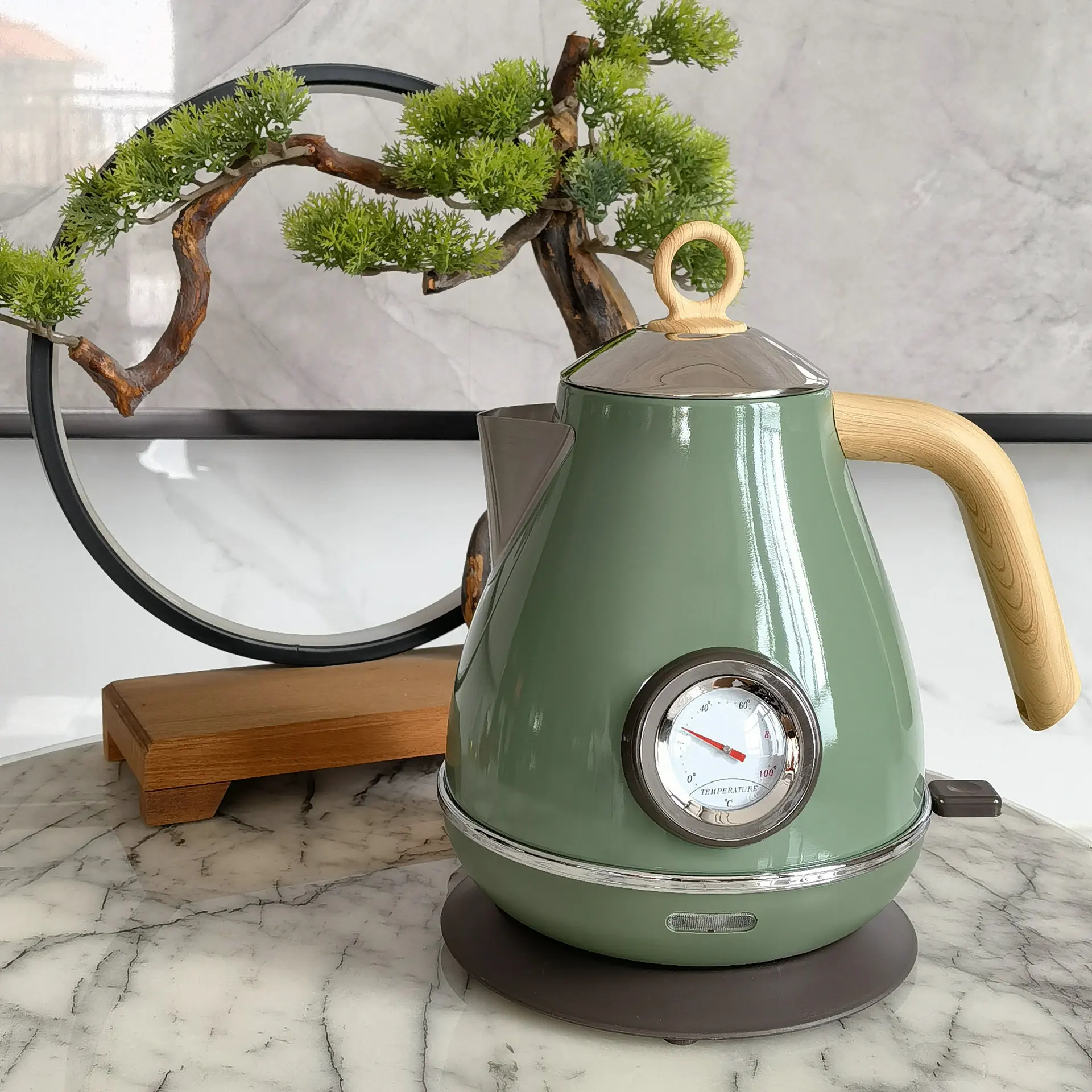 Automatic 1.7L Electric Kettle Water Boiler Vintage Painted Wood Grain 304 Stainless Steel Thermometer 2000w 220V 2