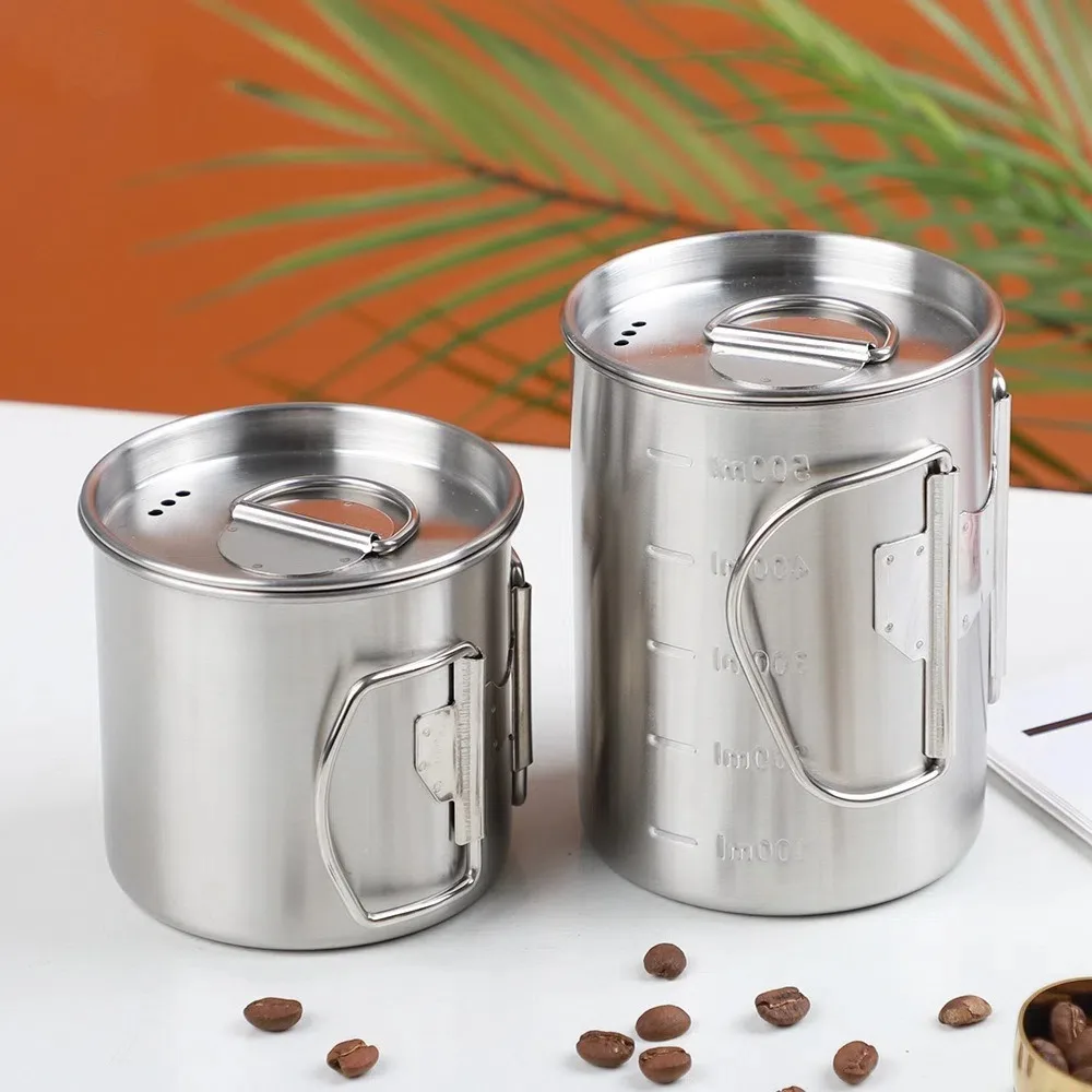 야외용 스테인레스 스틸 캠핑 머그컵 350/500ml 접이식 손잡이 캠핑 커피컵 뚜껑 포함 하이킹 여행용 물컵