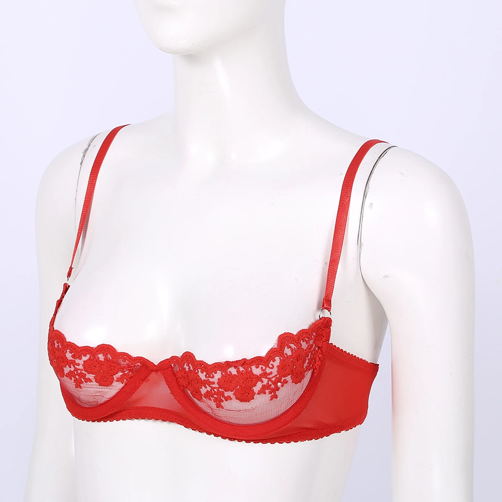 Women's Sheer Lace Bra Spaghetti Straps 1/4 Cup Push Up Lingerie
