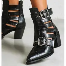  Europe America Women Boots PU 6.5CM Square Heel Pointed Toe Back Zipper Street Style British Style Hollow Womens Shoes New Black 