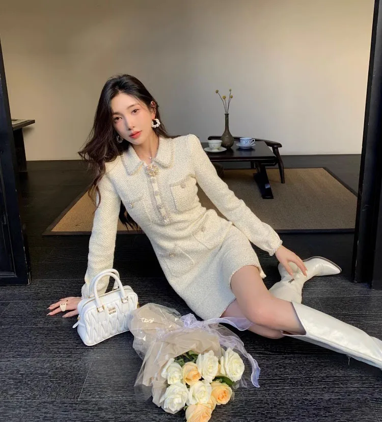 Elegant Short Dress European Style Tweed Lapel Beading Button Long Sleeve Fashion Dresses For Women 2025 Spring Summer 9896