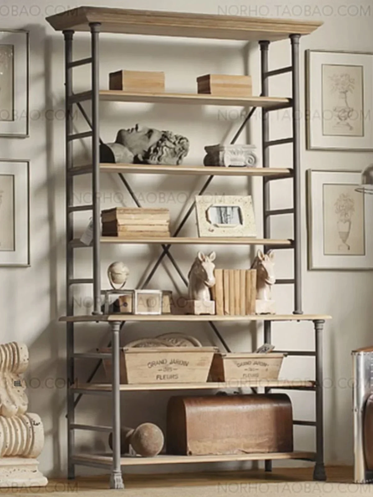 

American Country Solid Wood Shelf Modern Industrial Style Retro Iron Art Bookshelf Display Rack