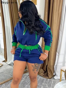 Beyprern 2026 Casual Contrast Color Two Piece Set Women Quarter Zip Long Sleeve Crop Top and Drawstring Shorts Set Sporty Outfit 1