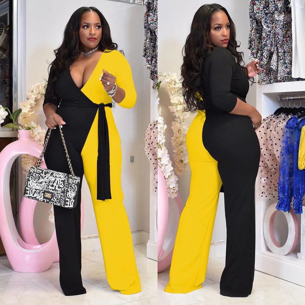 Plus Size Women 5xl Jumpsuits Patchwork One Piece Outfit Fashion V Neck Belt Jumpsuit 2022 Autumn Wide Leg Pants Wholesale