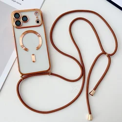 Elegant Crossbody Magnetic Necklace Lanyard with Plating Details - Clear Soft Silicone Case - iPhone 15 Plus (Desert Gold)
