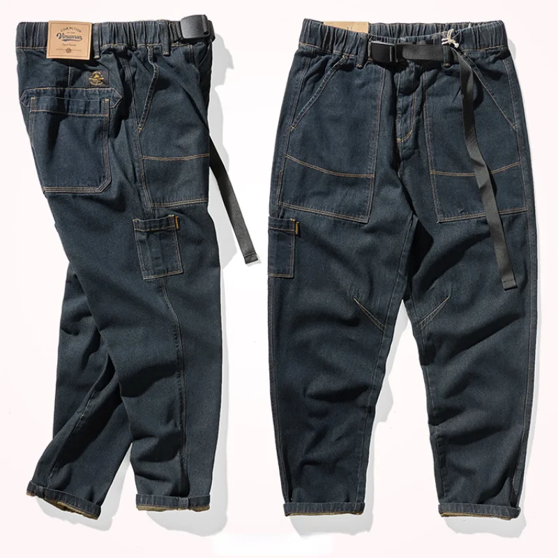 

autumn Retro in work jeans men's loose multi-bag straight trousers