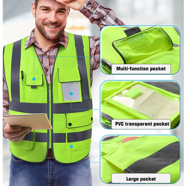 Custom Logo Hi Vis Safety Vest - Multi-colours - Pockets and Zipper
