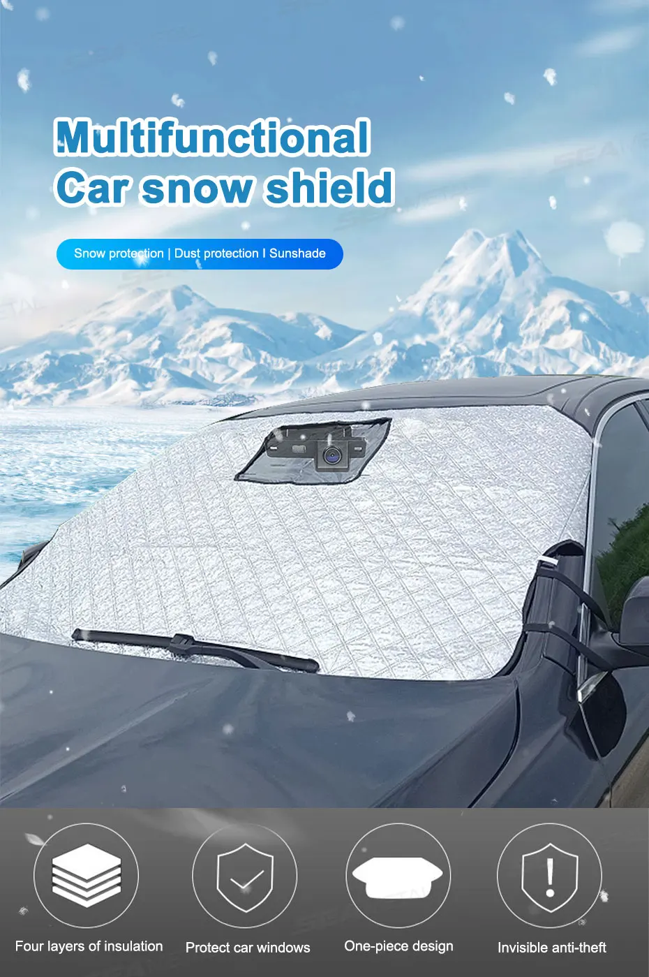 BLALION Auto Windschutzscheibe Schnee Abdeckungen Winter Frontscheibe Verdickter Schutz Anti Schnee Eis Schild Abdeckung Loch für Dash Cam Monitor – Detail 1