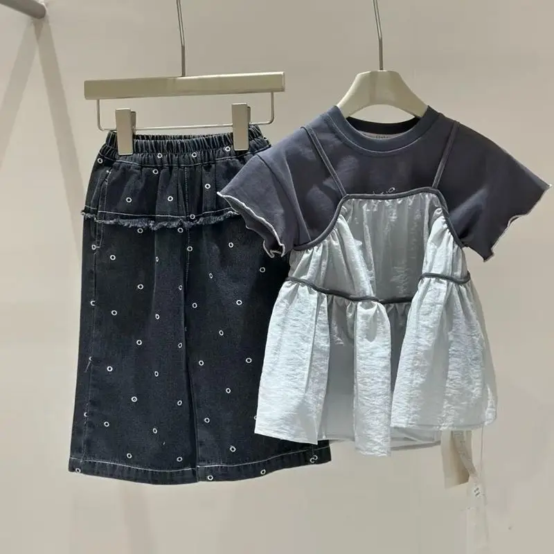 Girls' summer outfit set short sleeved camisole skirt jeans three piece set for children kids denim jeans