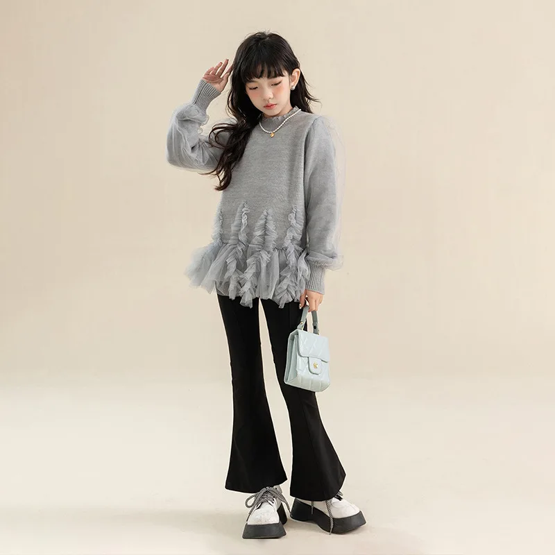 

Kids Girl 8 10 years Mesh Patchwork Sweet Tops 2023 Spring Teenage Girl Fashion Grey Sweatshirt