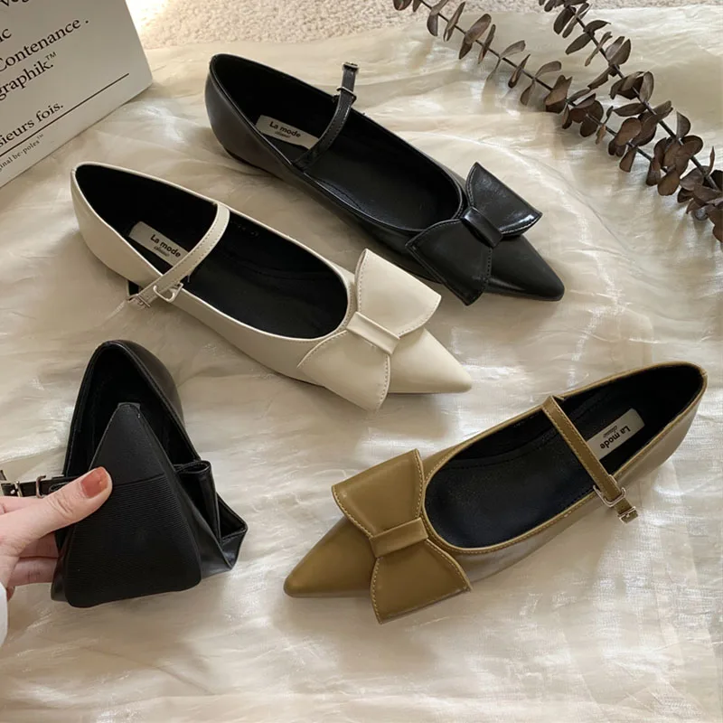 

2022 Spring Flats Shoes Women Black Pointed Toe Flat Ballet Sweet Bow-knot Shallow Ballerina Soft Moccasin Zapatillas Mujer