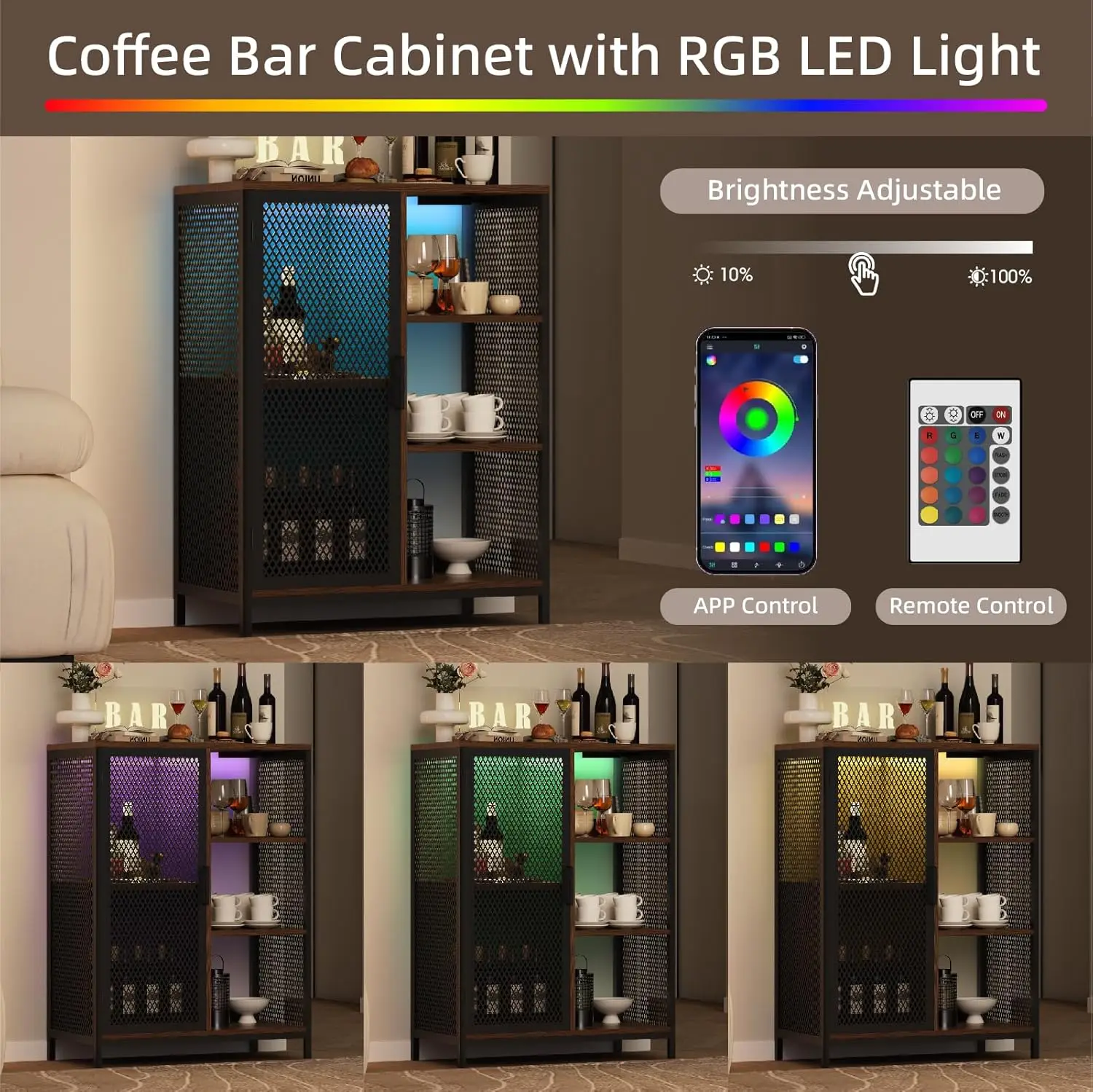 Redlife Coffee Bar Cabinet Small Liquor Cabinet w/ LED Light Charging Station Storage Farmhouse Buffet Sideboard for Dining Room