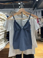 Navy Dot Fungus Trim Bow Tank Tops Women Casual Cotton Slim V-neck Sleeveless Camis Girls Cute Sweet Preppy Style Y2K Crop Top - Image 4