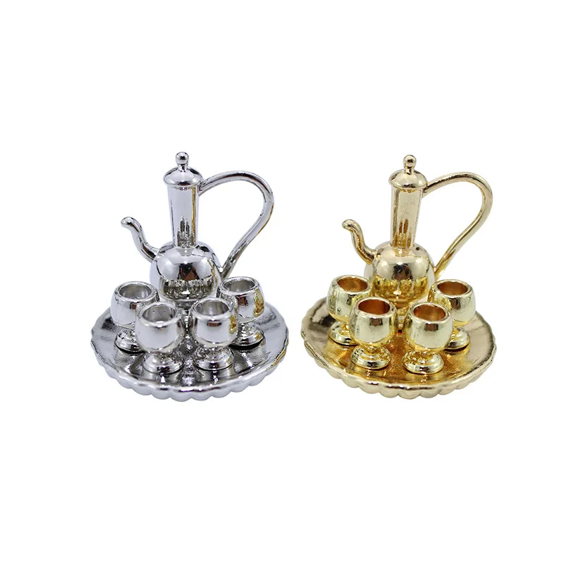 

6Pcs/set Dollhouse Miniature Metal Tea Cup Plate Model Set Doll House Furniture Decor Toy Mini Dining Ware Teapot Cup Plate