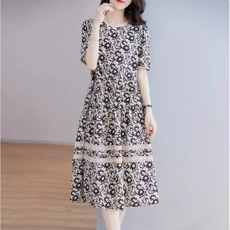 

2023 New Fashion Silk Printed Skirt Summer Retro Fragmented Flower Short Sleeve Pullover French Loose Tight Silk Mini Vesidos