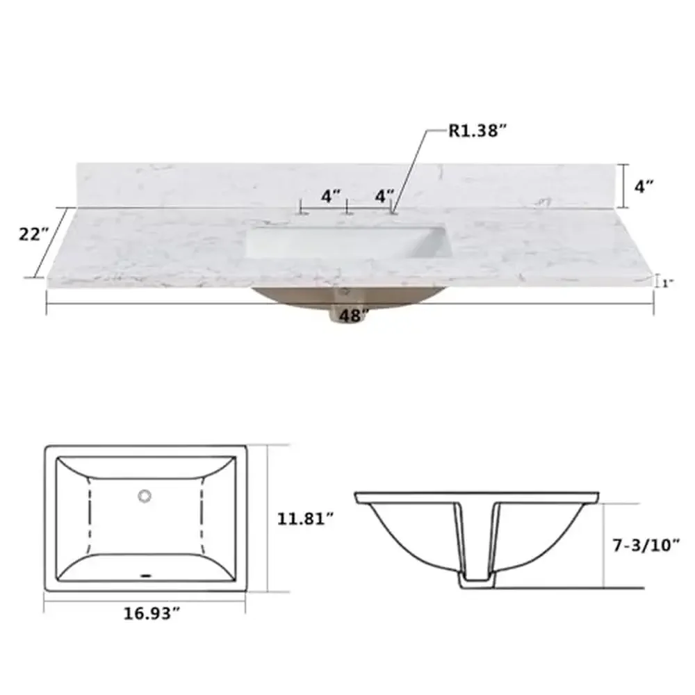 48" x 22" Stone Vanity Top with Sink and 8 Inch Faucet Holes Durable Easy Installation Elegant Design Fits Most Standard 48" 6