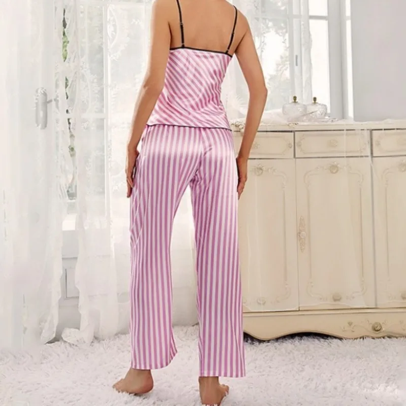 Pink and White Striped Pajamas V-neck Sling Top Long Pants Two-pieces Suit Thin Imitation Silk Nightgown Women's Home Clothing
