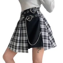 Gothic Harajuku Mini Jk Skirts Women Emo Streetwear Alt Plaid Pleated Skirt Mall Goth Vintage Buckle Chain Patchwork Y2K Skirt