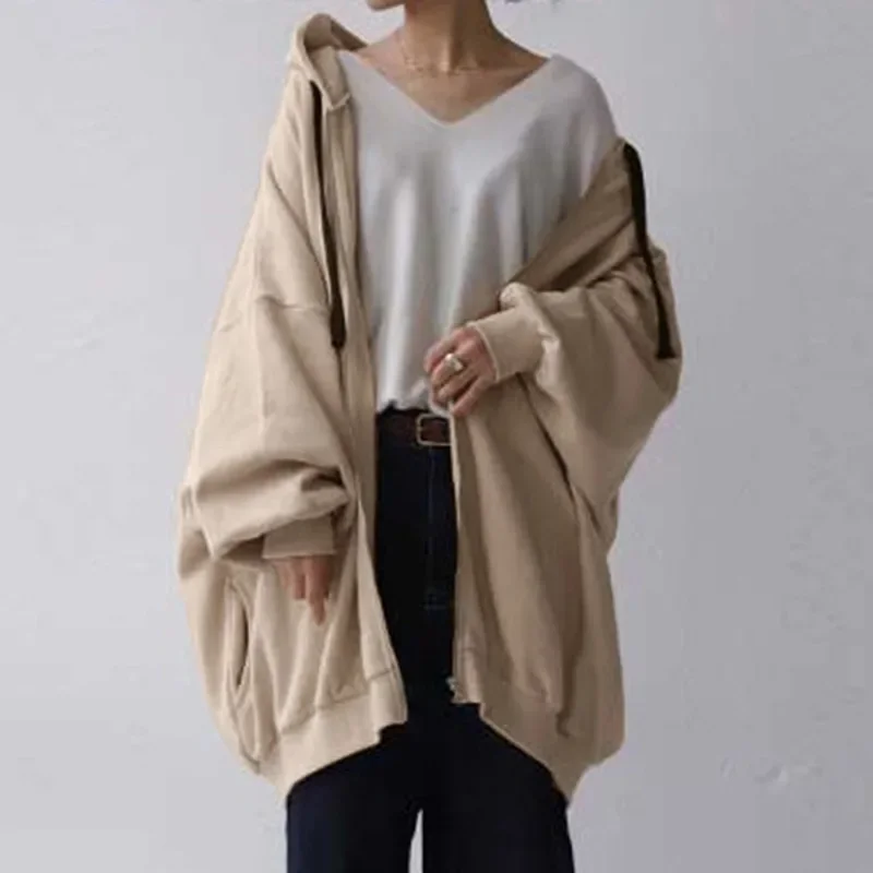 New Fashion Women Casual Solid Color Hoodie Coats Autumn Winter Female Long Lantern Sleeve Zip Up Loose Cardigan Sweatshirts