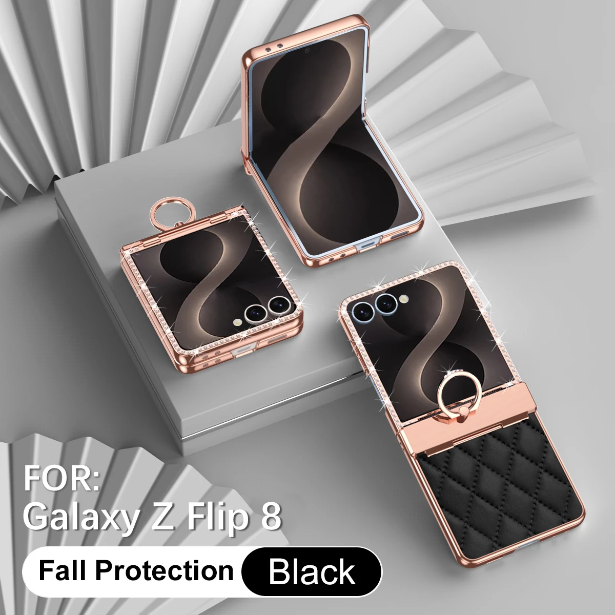 Luxury Bling PU Leather Phone Case with Hinge Ring Holder Stand and Electroplated Frame Cover